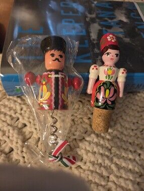 Vtg Hungarian folk art maiden bottle stopper & matching cork screw set
